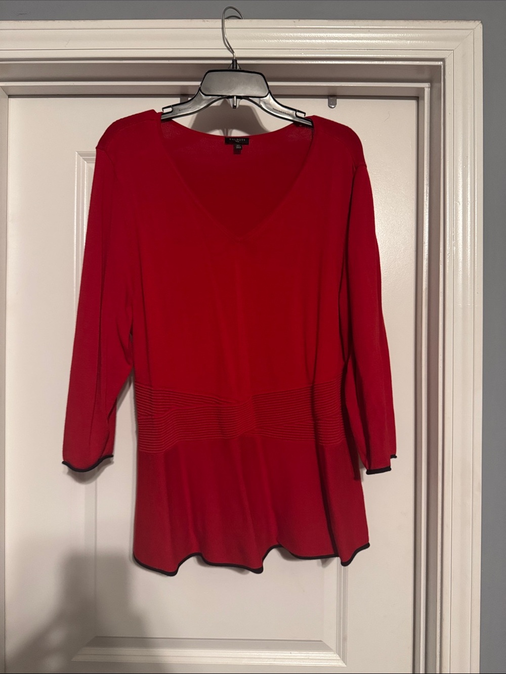 Talbots Red V-Neck Ribbed-Waist Tunic with Black Trim